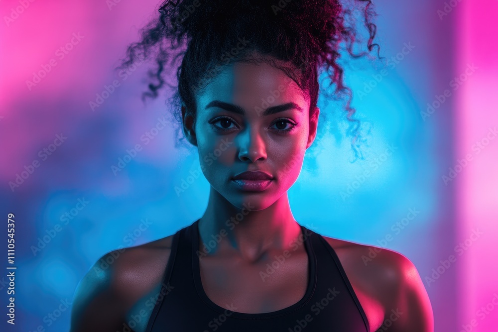 Confident young woman posing under colorful neon lights Confident young woman posing under colorful neon lights