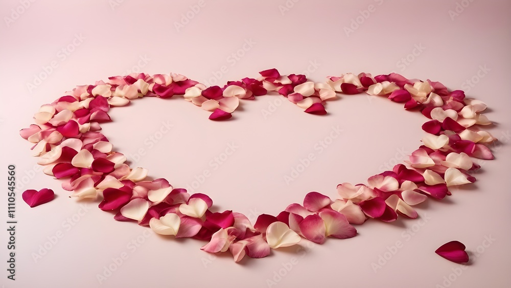 A trail of rose petals forming a heart shape on a soft pastel background A trail of rose petals forming a heart shape on a soft pastel background