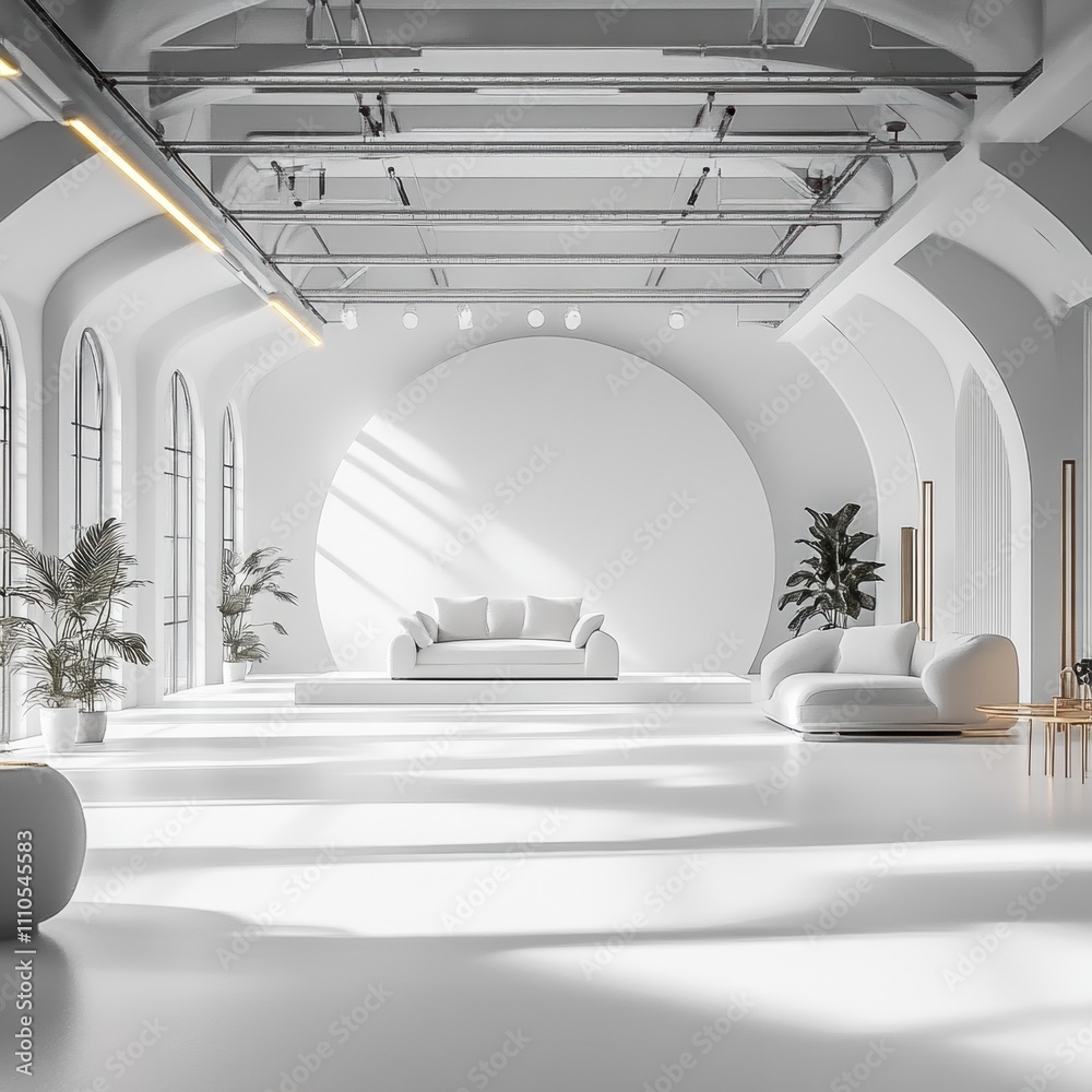 Obraz premium Bright and Airy Modern Living Room with Minimalist Furniture, Large Windows, and Soft Natural Light for a Cozy and Inviting Atmosphere