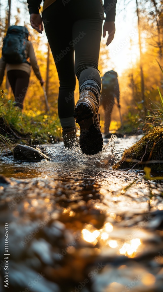 Adventurers trekking through forest stream at sunset Adventurers trekking through forest stream at sunset