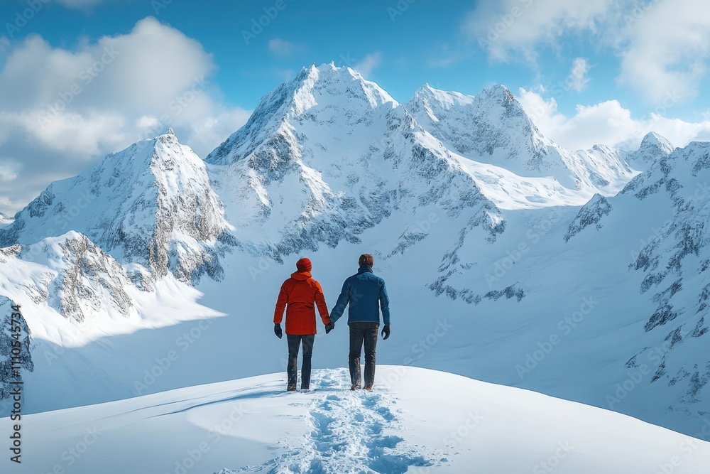Couple enjoys stunning mountain view while holding hands in snowy landscape Couple enjoys stunning mountain view while holding hands in snowy landscape