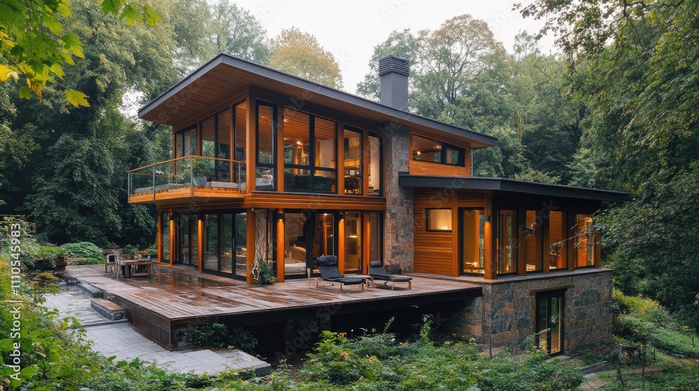 Modern wooden house nestled in lush forest. Large windows, expansive deck, stone foundation. Modern wooden house nestled in lush forest. Large windows, expansive deck, stone foundation.