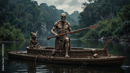 Charon statue standing on a decrepit boat, holding an oar; the eerie River Styx in the background, with reliefs of souls carved on the base. photo