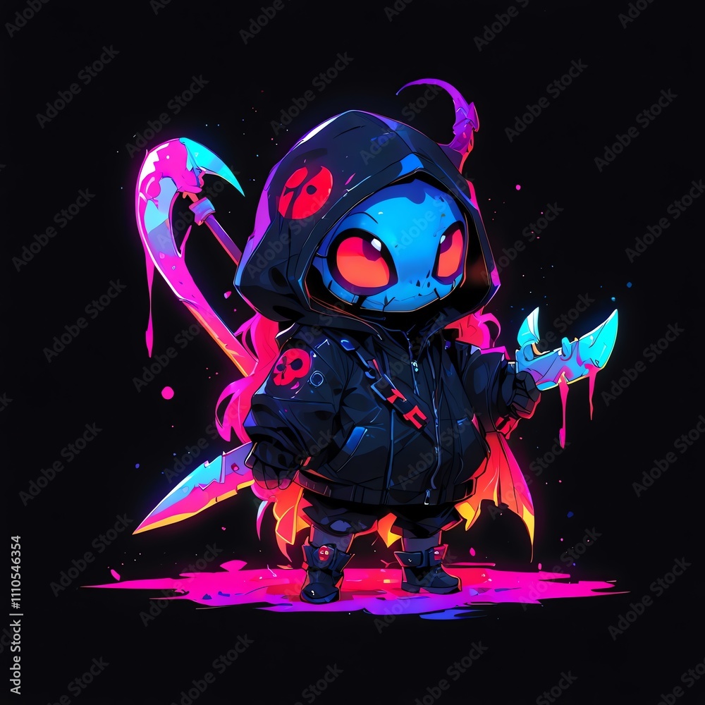 Cyberpunk Hooded Creature with Neon Weapons