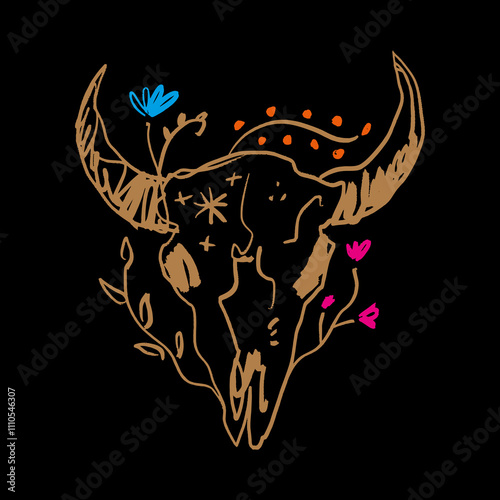 Bohemian groovy postmodern funky pink cowgirl funky groovy cowboy dark tattoo label, floral boho hippie bull skull sketch illustration. Digital sticker, wild west cartoon doodles, tribal bohemian