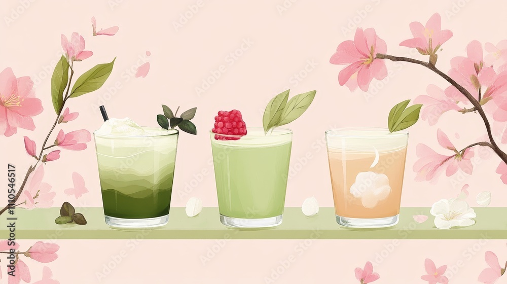 kawaii style matcha menu art, decorated with floating floral elements, gentle color palette, cute design elements, simple line drawings, minimalist drink illustrations, playful food art style kawaii style matcha menu art, decorated with floating floral elements, gentle color palette, cute design elements, simple line drawings, minimalist drink illustrations, playful food art style