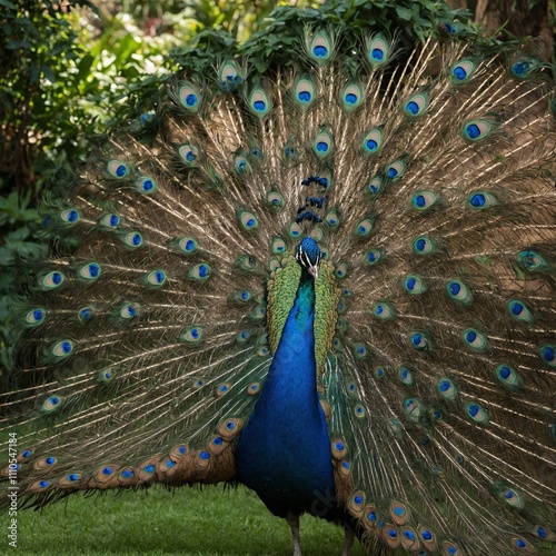 A peacock fanning its iridescent feathers in a lush garden setting.

