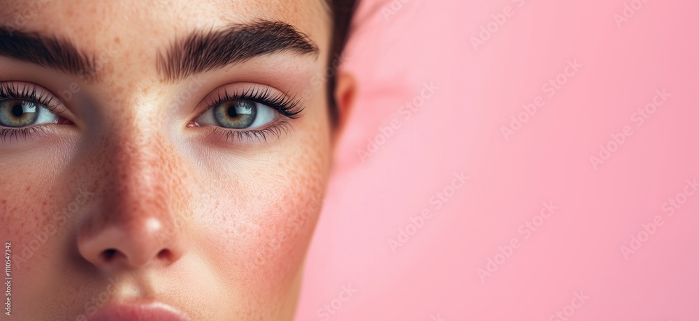 Close-up portrait of young woman with striking blue eyes, flawless skin, and defined eyebrows against pink background, copy space for text Close-up portrait of young woman with striking blue eyes, flawless skin, and defined eyebrows against pink background, copy space for text