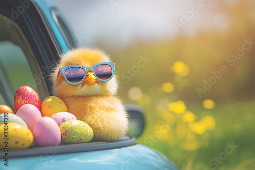 Cute Easter Chick with sunglasses looking out of a car filed with easter eggs