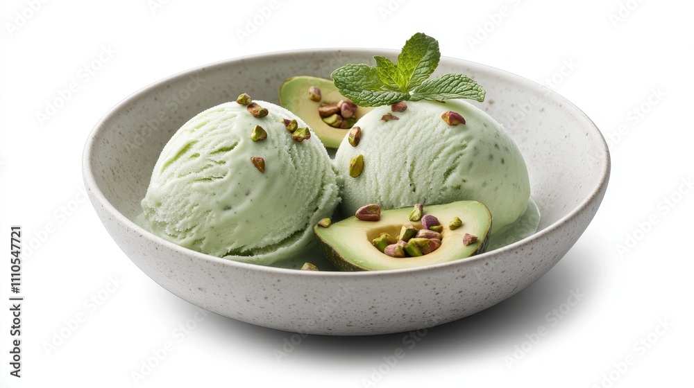 close-up premium food photography, three scoops of light green ice cream, fresh avocado half, scattered pistachios, fresh mint leaves garnish, white ceramic bowl, clean white background, soft close-up premium food photography, three scoops of light green ice cream, fresh avocado half, scattered pistachios, fresh mint leaves garnish, white ceramic bowl, clean white background, soft