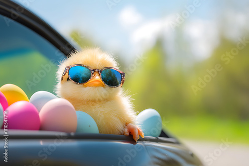 Cute Easter Chick with sunglasses looking out of a car filed with easter eggs