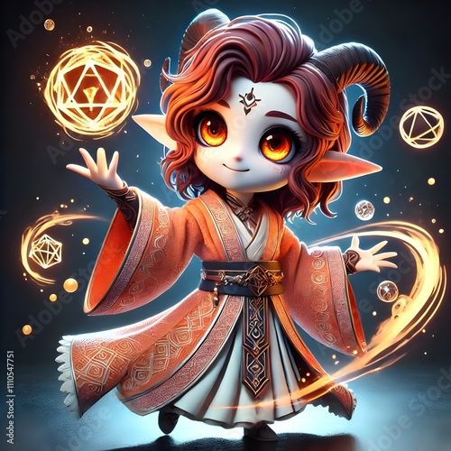 Fantasy illustration of a cute horned creature with glowing eyes casting magic spells, surrounded by floating geometric orbs. photo