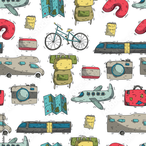 adventure tourism, travel . doodle style flat illustration. cartoon colorful vector pattern.	