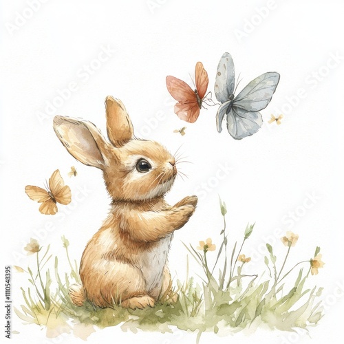 Adorable Bunny Interacting with Colorful Butterflies in a Whimsical Meadow Scene, Capturing the Essence of Nature's Beauty and Playfulness in Bright Watercolor Style