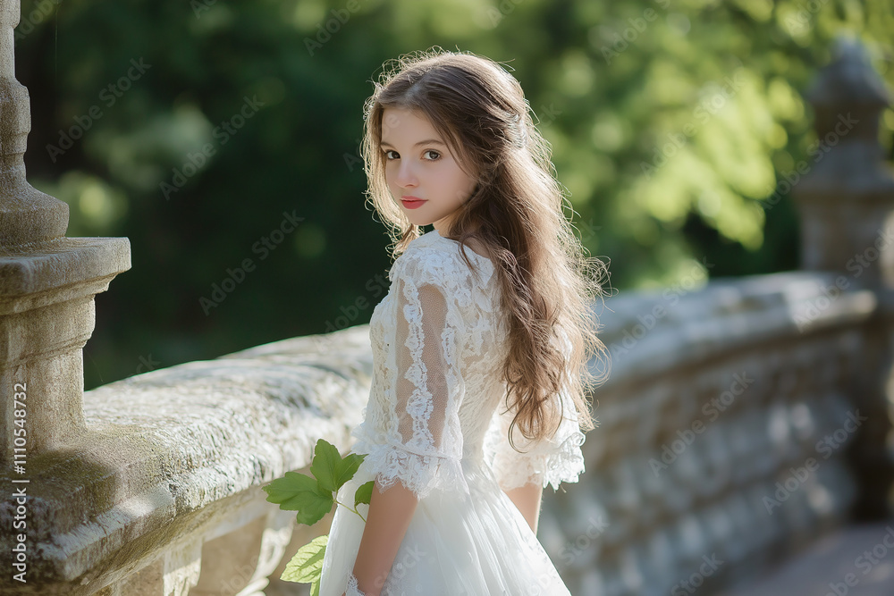 A young girl in a white dress with lace and satin details, posing on the stone bridge at Castle Garden. She has long c styled in loose waves down to her waist A young girl in a white dress with lace and satin details, posing on the stone bridge at Castle Garden. She has long c styled in loose waves down to her waist