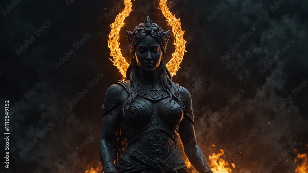 Chthonic goddess Erichthonius statue holding flames, with a serpent coiled beside her; dark underworld with streaks of lightning in the background, and abyssal symbols carved on the base. Chthonic goddess Erichthonius statue holding flames, with a serpent coiled beside her; dark underworld with streaks of lightning in the background, and abyssal symbols carved on the base.