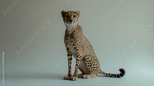 Isolated portrait of a cheetah sitting against a white background