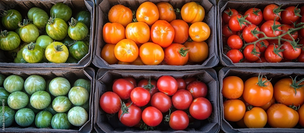 A variety of colorful tomatoes in wooden crates, including green, yellow, orange, and red. A variety of colorful tomatoes in wooden crates, including green, yellow, orange, and red.