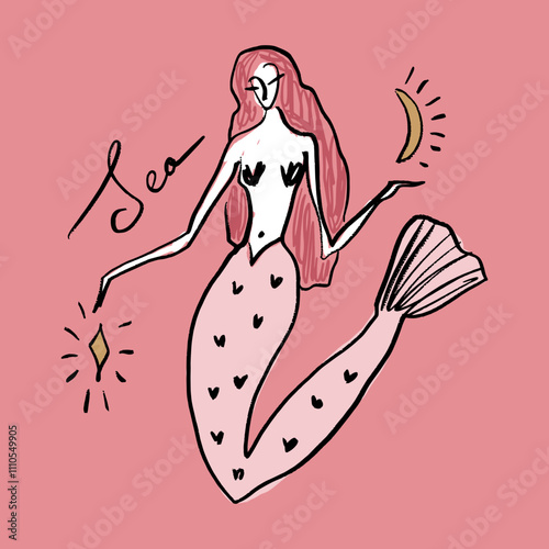 Mystic boho redhead mermaid women, exotic woman, feminine bohemian fairytale concept illustration, beautiful esoteric women color silhouette. Flat style vector design in comic hand-drawn sketch