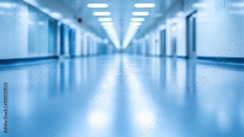 Bright, Modern, and Minimalist Hallway Interior with Smooth Blue Floor in a Contemporary Industrial Building, Creating a Calm and Inviting Atmosphere for Various Purposes