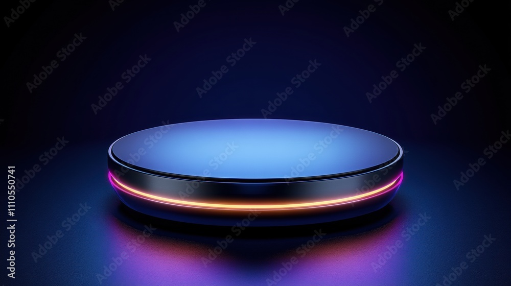 Modern futuristic podium with vibrant lighting effects on a dark background, perfect for product displays and promotional content in digital media applications. Modern futuristic podium with vibrant lighting effects on a dark background, perfect for product displays and promotional content in digital media applications.