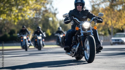 Motorcyclists Riding on Road, Autumn Day