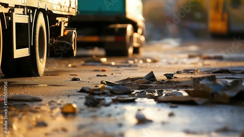 Empty damaged trucks scattered on a desolate street, symbolizing the aftermath of a crisis and the need for resilience and rebuilding. photo