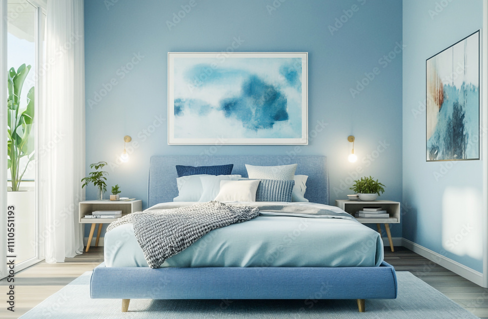 Fototapeta premium Stylish Modern Bedroom Interior with Minimalist Furniture and Soft Lighting Design