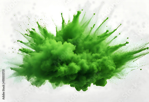 bright green holi paint color powder festival explosion burst isolated white background. industrial print concept background