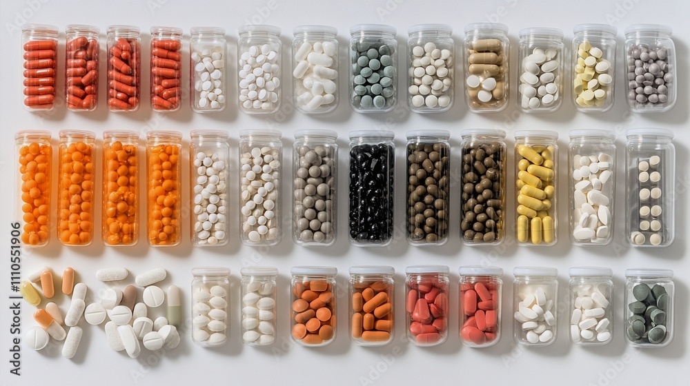 A neatly organized collection of pharmaceutical pills and capsules of various shapes, sizes, and colors arranged on a white background
A neatly organized collection of pharmaceutical pills and capsules of various shapes, sizes, and colors arranged on a white background