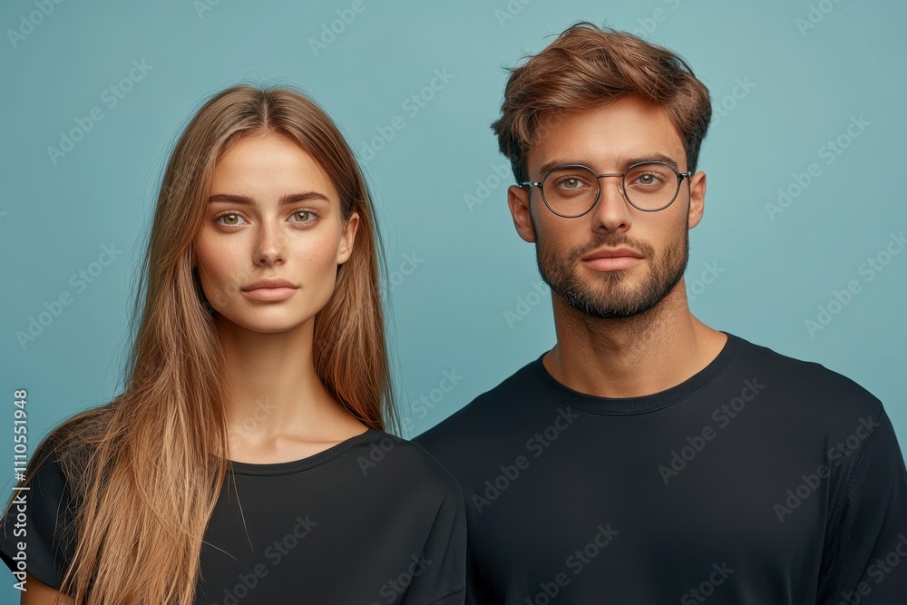 Young couple posing against a blue background while maintaining serious expressions