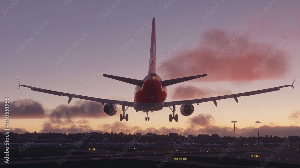 Airplane Landing at Sunset Over an Airport with Colorful Sky and Clouds as Backdrop, Capturing the Beauty of Aviation and Travel in a Scenic Moment Airplane Landing at Sunset Over an Airport with Colorful Sky and Clouds as Backdrop, Capturing the Beauty of Aviation and Travel in a Scenic Moment