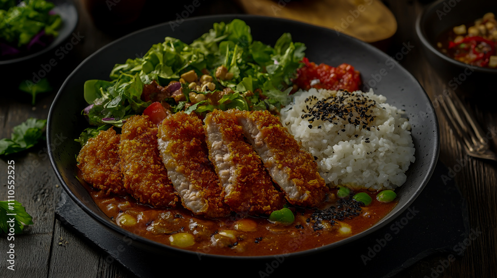 Japanese curry with crispy breaded pork cutlets, served with rice and fresh salad, food photography Japanese curry with crispy breaded pork cutlets, served with rice and fresh salad, food photography