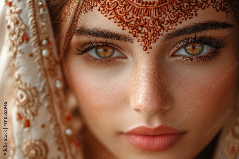 Beautiful woman with intricate henna design and elegant veil at a cultural celebration Beautiful woman with intricate henna design and elegant veil at a cultural celebration
