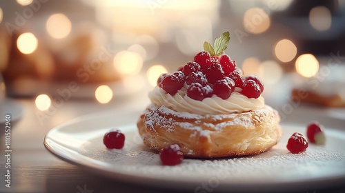 Delicious pastry topped with whipped cream and cranberries, dusted with powdered sugar. photo