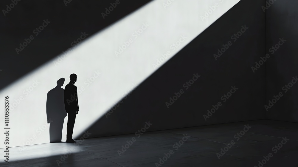 A silhouette of a man standing in a minimalist white room. A silhouette of a man standing in a minimalist white room.