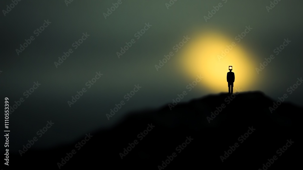A silhouette of a man with a TV for a head stands on a hill in front of a bright, blurry yellow light. A silhouette of a man with a TV for a head stands on a hill in front of a bright, blurry yellow light.