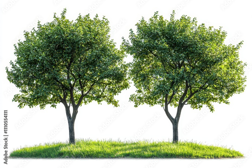 Lush Green Apple Trees in a Grassy Field Isolated on White Background Lush Green Apple Trees in a Grassy Field Isolated on White Background