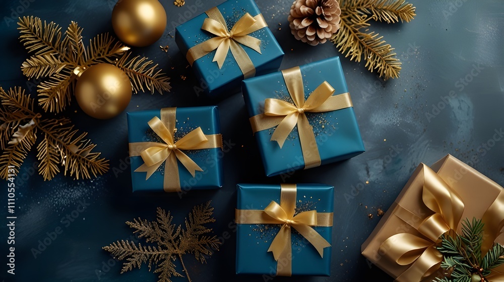 Glowing Christmas gift concept. Gold and blue sparkling gifts, balls, sparkles, green twigs in the snow on a blue background with space for your celebration message or advertisement Glowing Christmas gift concept. Gold and blue sparkling gifts, balls, sparkles, green twigs in the snow on a blue background with space for your celebration message or advertisement