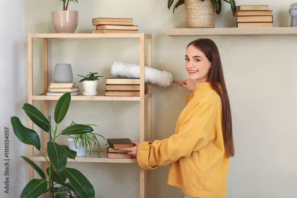 Young woman cleaning dust on book shelves in living room Young woman cleaning dust on book shelves in living room