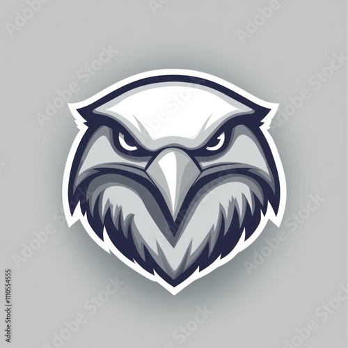 Powerful eagle head mascot design, fierce expression, gray and white color scheme, suitable for sports teams or logos. photo