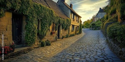 Fototapeta Naklejka Na Ścianę i Meble -  A cobblestone street lined with ivy-covered houses in a small village. The late afternoon light casts a warm glow, capturing the peaceful charm of rural life.