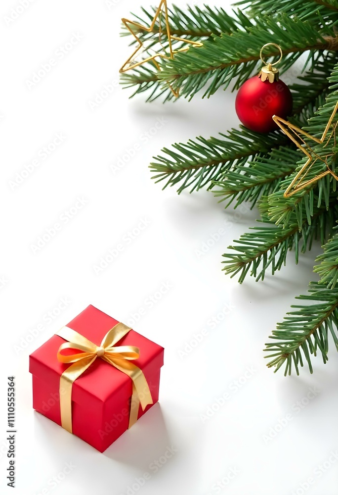 Christmas tree branches with red gift boxes and golden stars on a white background Christmas tree branches with red gift boxes and golden stars on a white background
