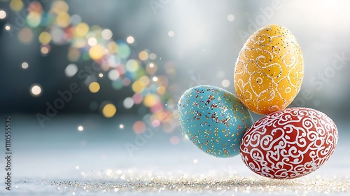 Flying easter eggs are brightly colored and intricately decorated eggs that soar through the sky, leaving a trail of sparkles and rainbows in their wake.