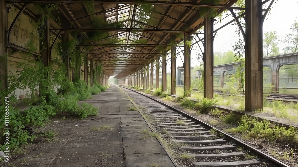 Abandoned Station Overgrown Rails Aerial View, Decayed Railway, Ruined Tracks Abandoned Station Overgrown Rails Aerial View, Decayed Railway, Ruined Tracks