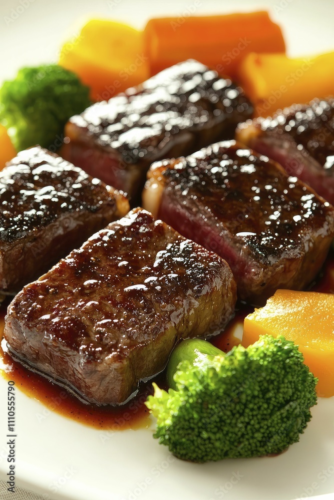 Elegant sous vide steak plated with vibrant vegetables and rich sauce