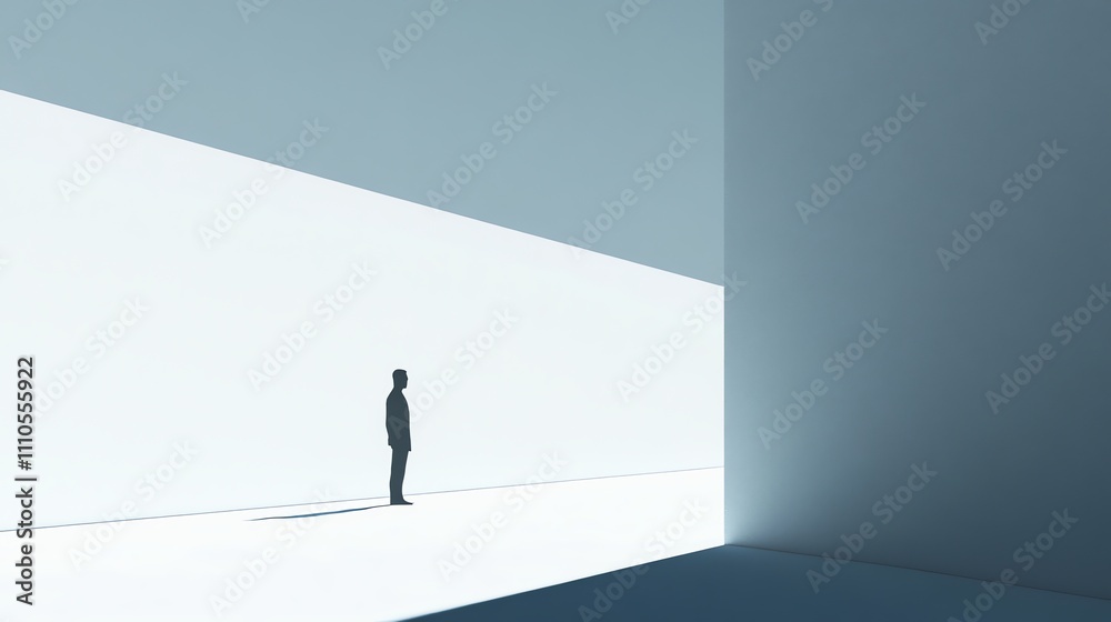 A silhouette of a man standing in a minimalist white room. A silhouette of a man standing in a minimalist white room.