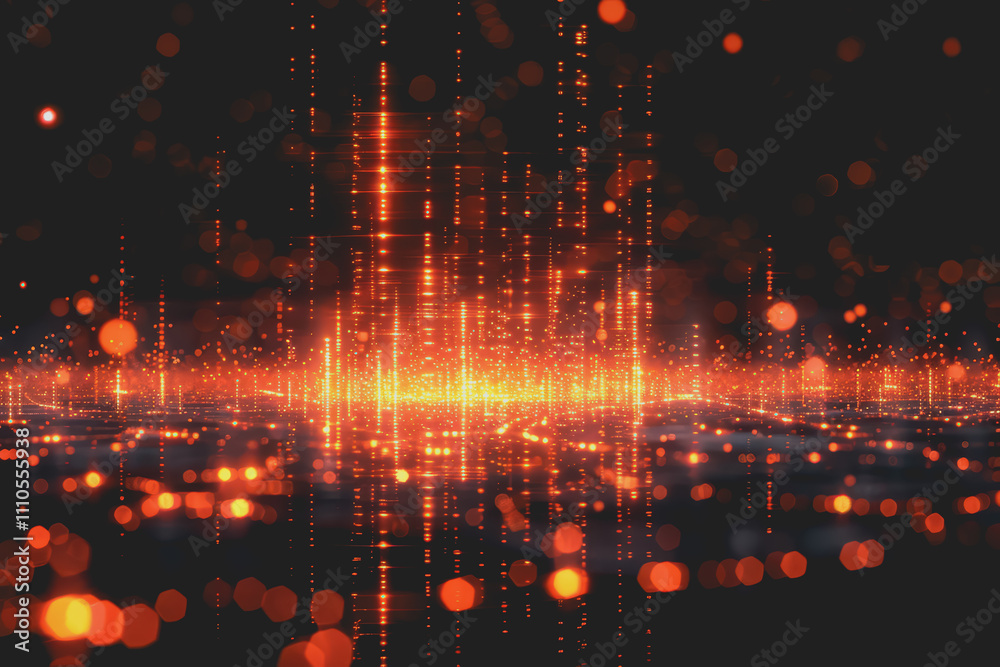 Blurred technology with orange data pattern with orange rays elements on a black background. Blurred technology with orange data pattern with orange rays elements on a black background.