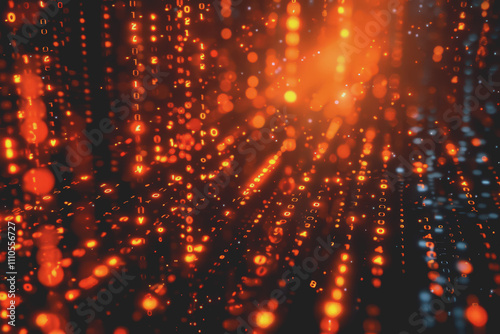 Blurred technology with orange data pattern with orange rays elements on a black background.