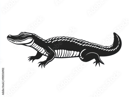 Black and white illustration of an alligator in profile view.